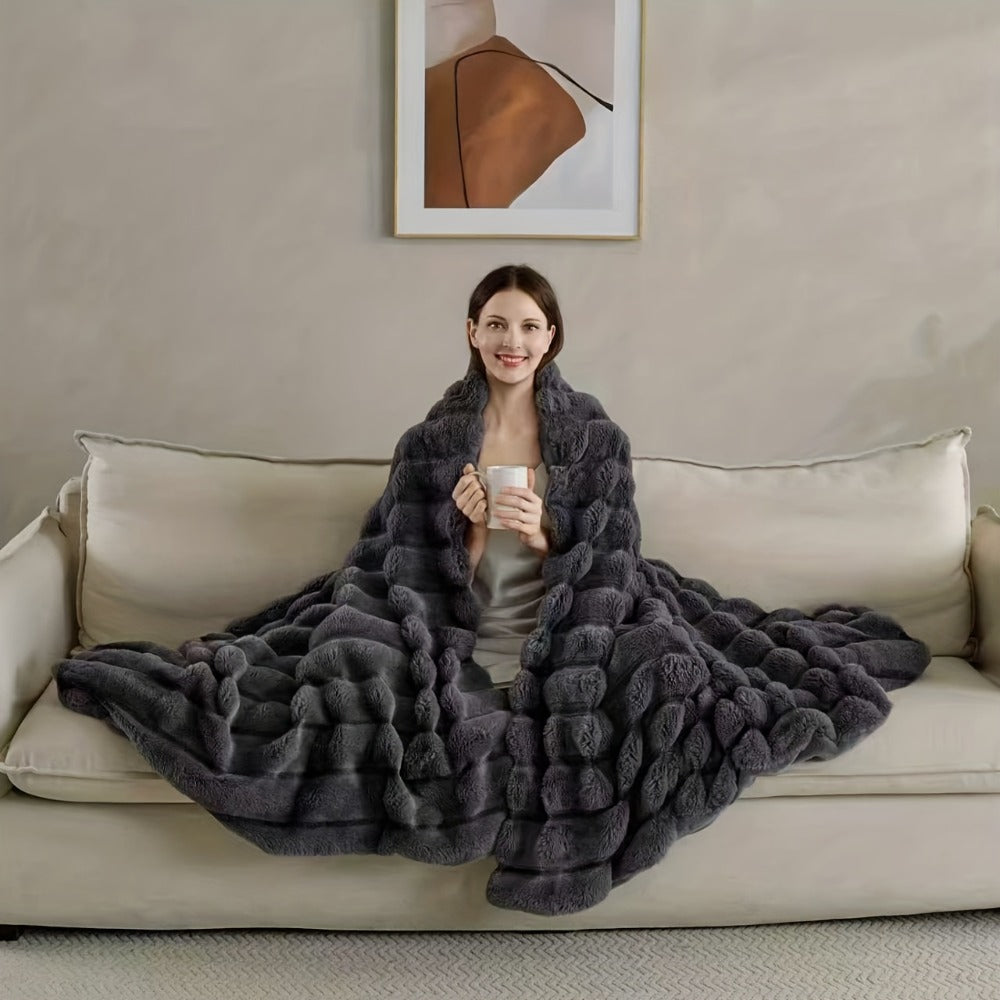 Double-Layer Faux Rabbit Fleece Blanket ¨C 450-500gsm Thickened Soft Warm Throw for Bed, Couch & Travel, All Season, 3 Colors, 5 Sizes