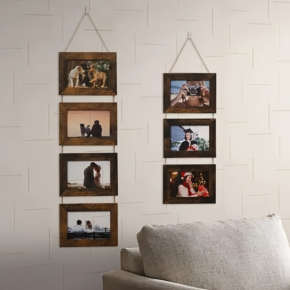 Picture Frame Set 4pcs Wooden Glass 4x6 with Flip-Top Display ¨C Collage Photo Frames for Wall & Desktop, Interchangeable Mat, Home Decor Room Aesthetic ¨C Wedding, Housewarming & Holiday Gift (White/Brown)