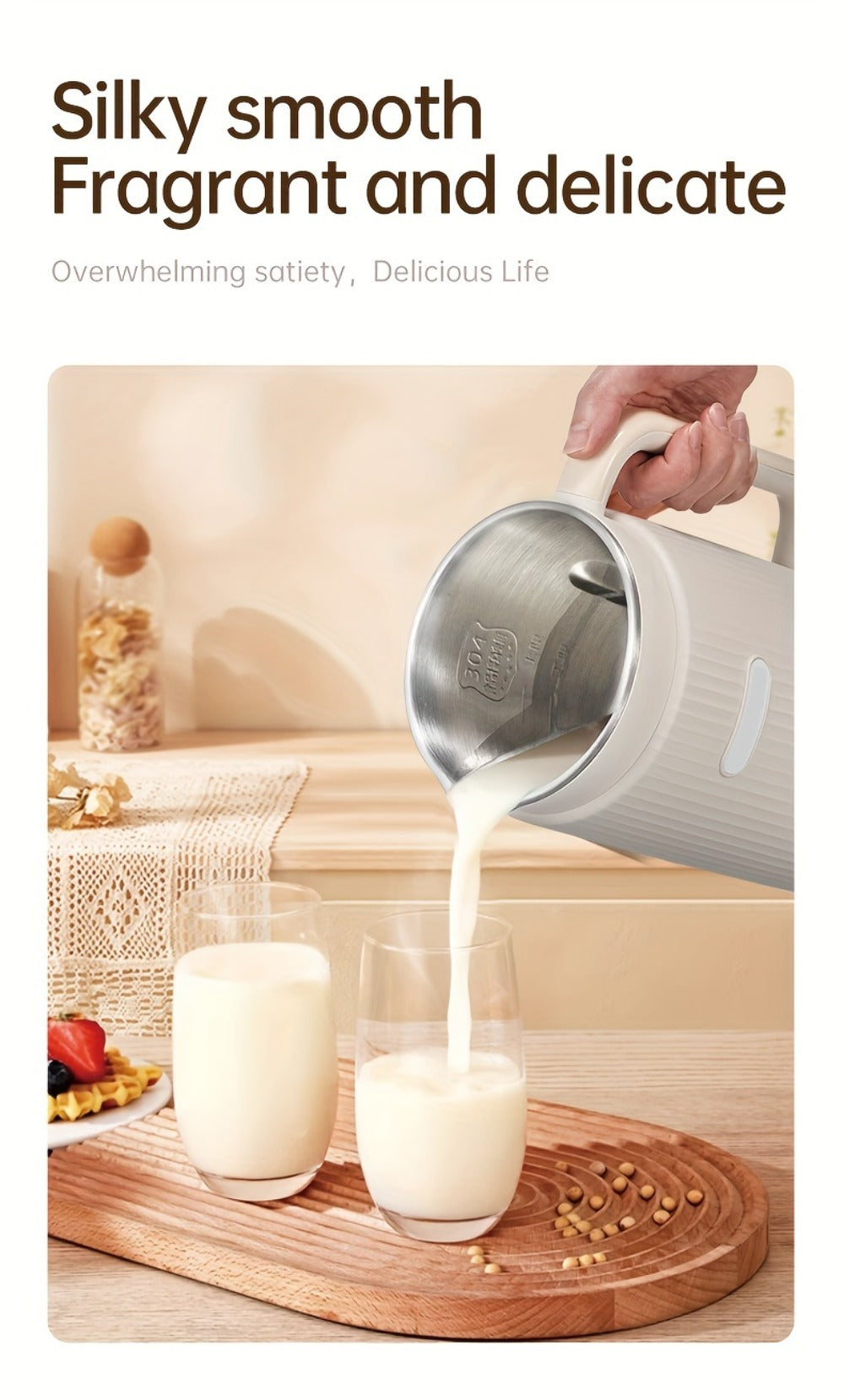 8-in-1 Nut Milk Maker 35oz 8-Blade - Almond Oat Soy Coconut Plant-Based Milk Machine with Delay Start Keep Warm Self-Cleaning Boil Water Function - Non-Dairy Beverage Blender Soy Milk Maker Beige