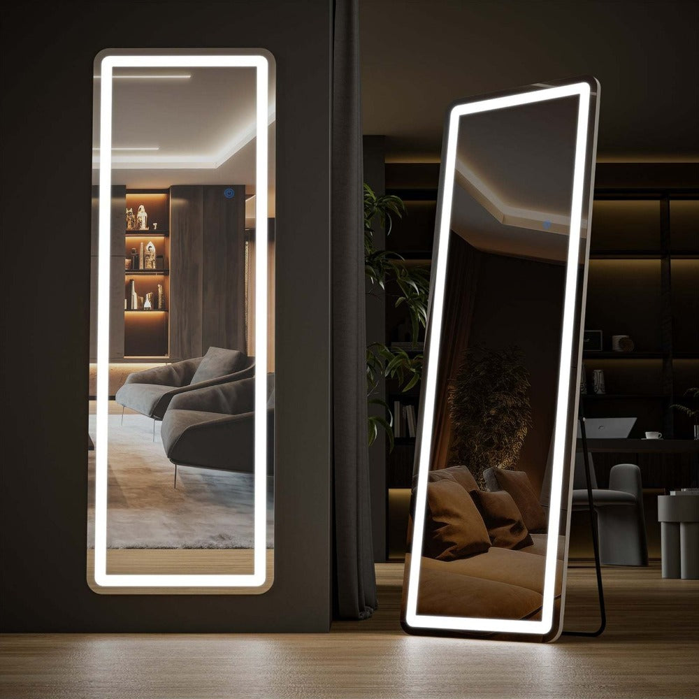 Full Length Mirror with LED Lights & Touch Sensor ¨C 64¡±x21¡± Dimmable Smart Floor Mirror, Wall Mount or Freestanding, Slim Modern Frame for Bedroom, Vanity & Dressing Room