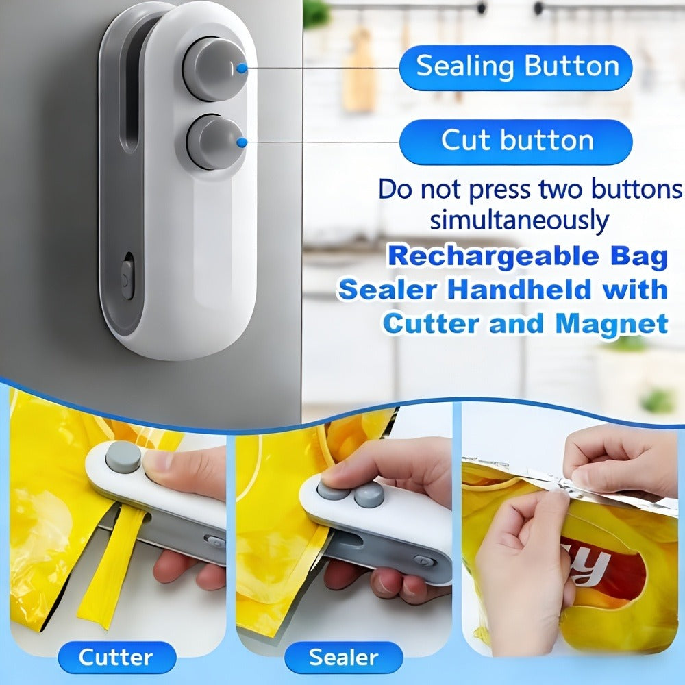 Mini Bag Sealer 2-Pack USB-C Rechargeable 2-in-1 Heat Seal with Cutter ¨C Magnetic Storage Bag Resealer for Plastic Snack Food Bags | Airtight Freshness Keeper Portable Kitchen Gadget White