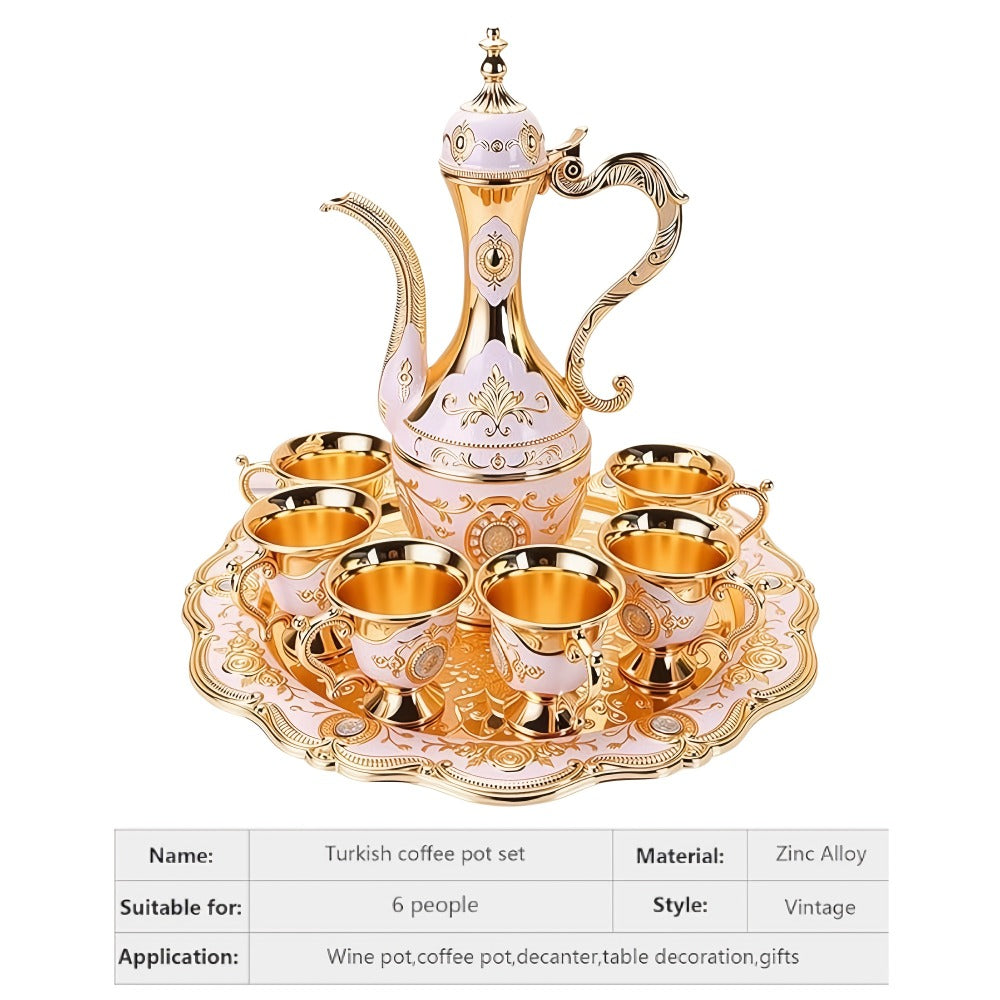 Vintage Turkish Coffee Tea Set ¨C Zinc Alloy Teapot, 6 Cups & Tray | European Style Luxury Gift Set for Tea, Coffee & Cappuccino