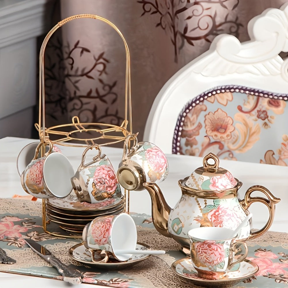 20-Piece Floral Ceramic Tea Set with Saucers & Metal Stand | European Afternoon Tea Service, Blooming Design, Complete Tea Accessories, Gift for Tea Lovers