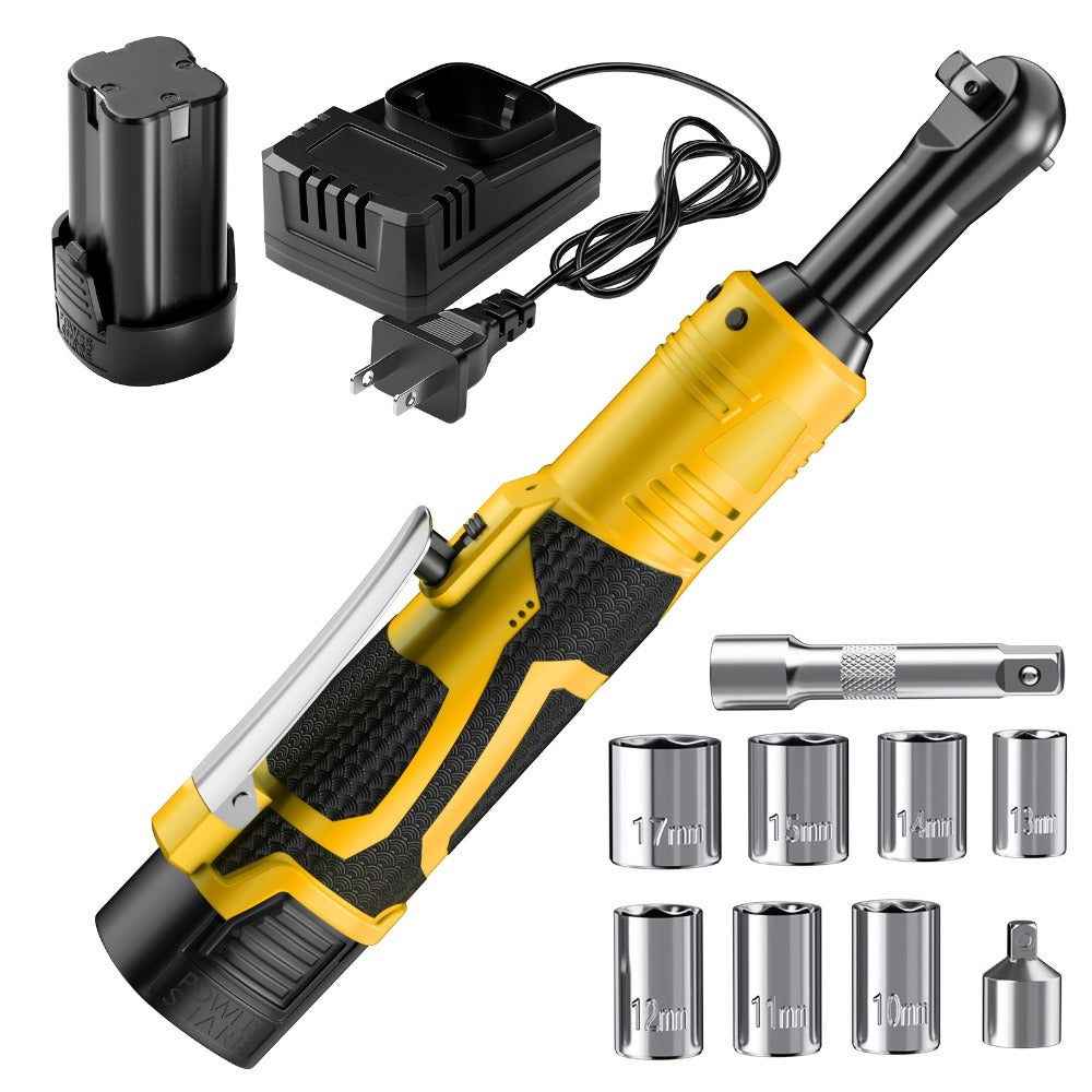 Cordless Electric Ratchet Wrench Set 3/8 inch Variable Speed Trigger Ergonomic Grip 9 Sockets Lithium-Ion Battery Powered for Car Repair Automotive Maintenance Home DIY Yellow 1 or 2 Battery Pack