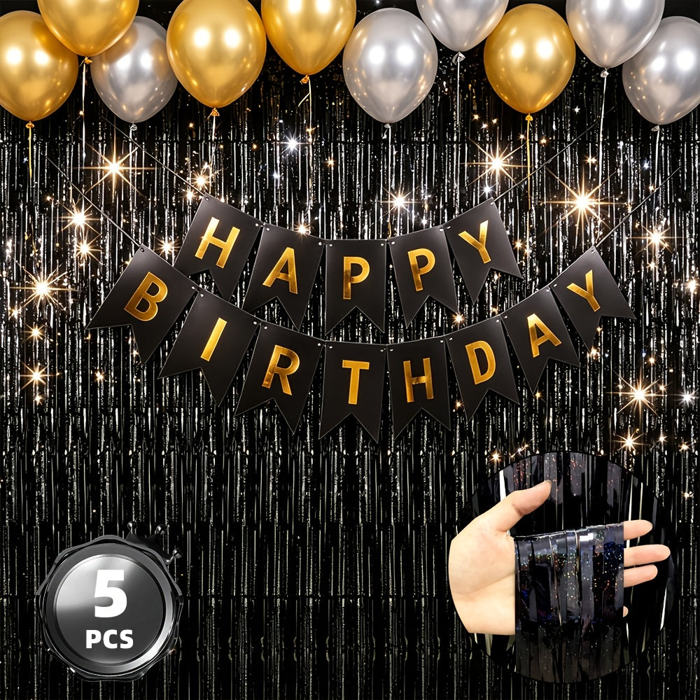 Metallic Tinsel Fringe Curtain Backdrop 5 Pack ¨C Shimmering Foil Streamer for Birthday Party Decorations, Wedding, Bachelorette, Engagement, Halloween, Christmas Holiday Celebration Photo Prop