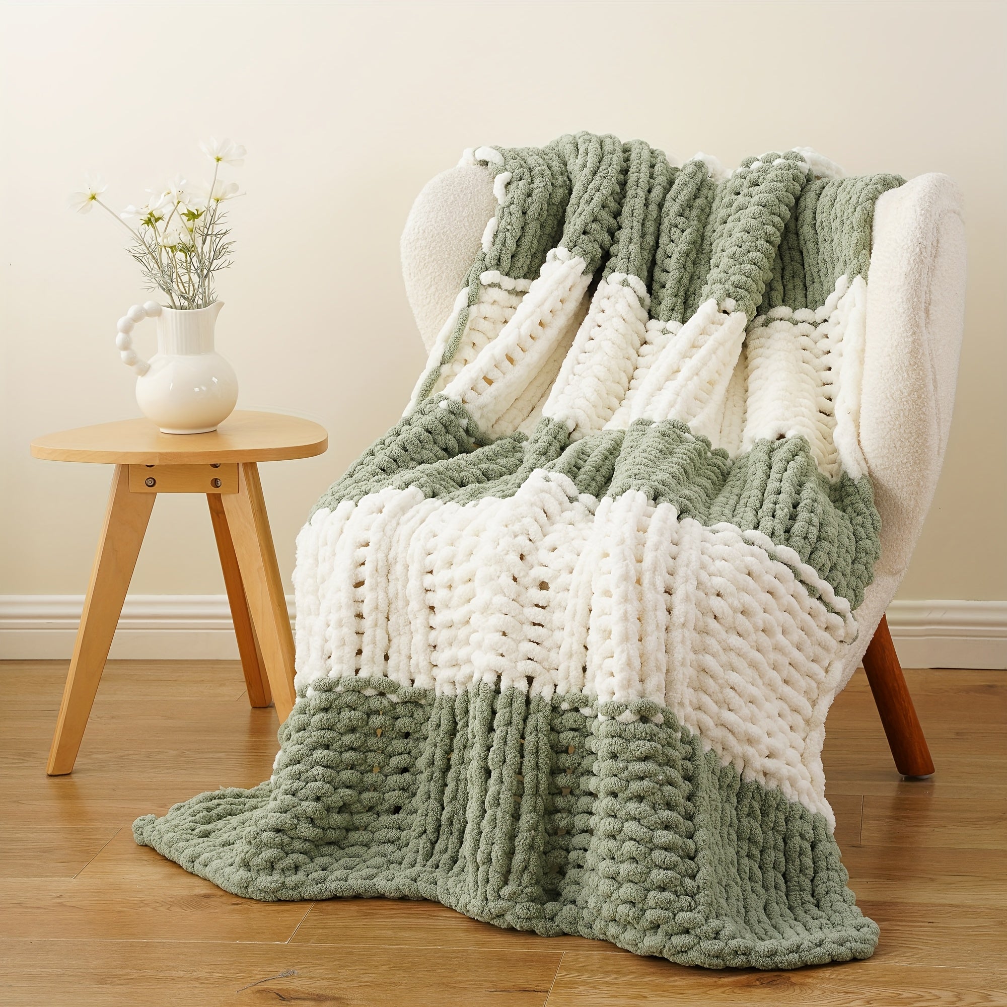 Chunky Chenille Cable Knit Throw Blanket ¨C 350-400gsm Soft Warm Crochet Throw for Sofa, Bed & Couch, Vintage Patchwork, 14 Colors