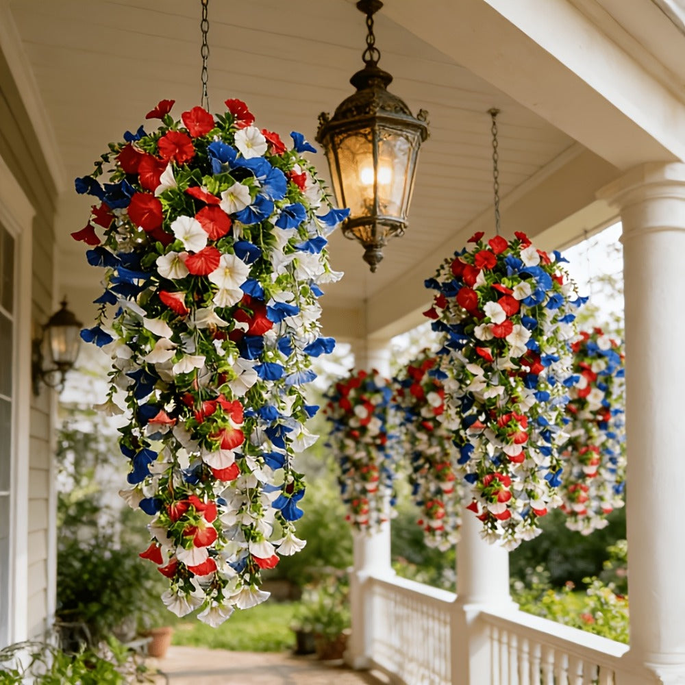 Artificial Hanging Morning Glory Flowers 6pcs - Red White Blue Fake Flower Vines for Home Garden Outdoor Indoor Decor, Independence Day Memorial Day Decoration, No Maintenance Plastic Blooms