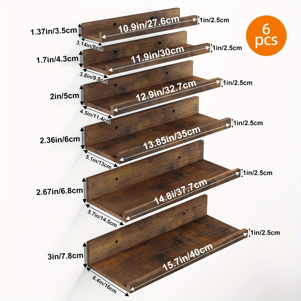 Floating Shelves 6pcs Set Wall Mounted Shelves 6 Different Sizes | Heavy Duty Shelf for Home Decor Bathroom Bedroom Living Room Space Saving Storage White Brown Black