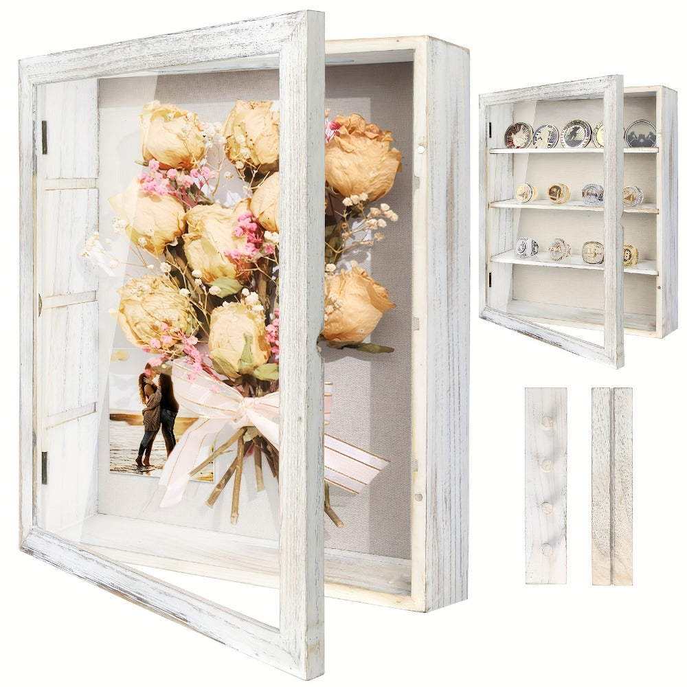 Shadow Box Frame 11x14 Large Memory Display Case with Linen Back - 4 Removable Shelves for Medals, Coins, Rings, Pins, Photos & Flowers | Deep Shadow Box for Collections, Country Farmhouse Style