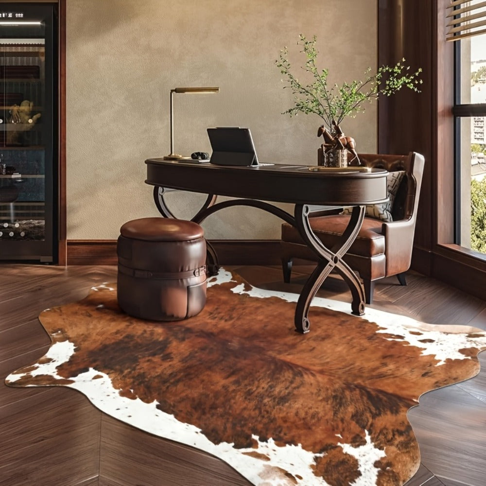 Faux Cowhide Rug Brown Western Style Area Carpet | Non-Slip Suede Backing | 5.2¡Á4.6 & 6.2¡Á5.2 Ft | Living Room Bedroom Office