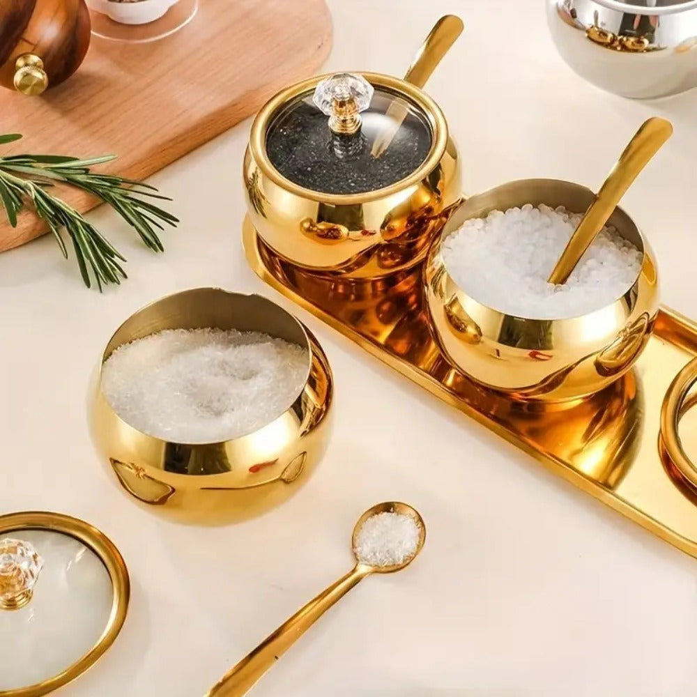 Golden Stainless Steel Seasoning Jar Set 2 or 3pcs Spice Containers with Lid and Spoon Serving Tray for Pepper Salt Spices Candy Coffee Beans Kitchen Organizer