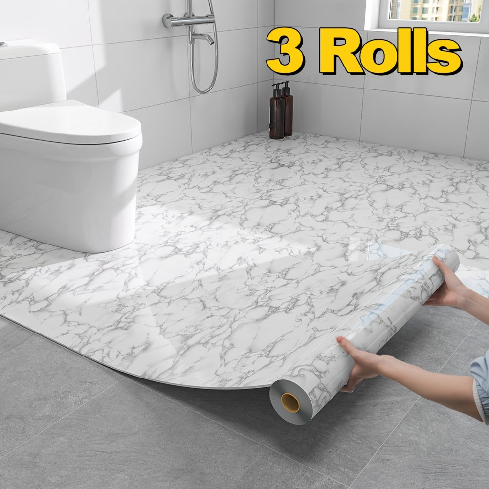 Self-Adhesive Marble Vinyl Floor Wallpaper 3 Rolls 23.62x197.75in - Waterproof Oil-Proof Anti-Slip Wear-Resistant Peel and Stick Floor Tiles for Kitchen Bathroom Living Room Home Renovation Straight Edge