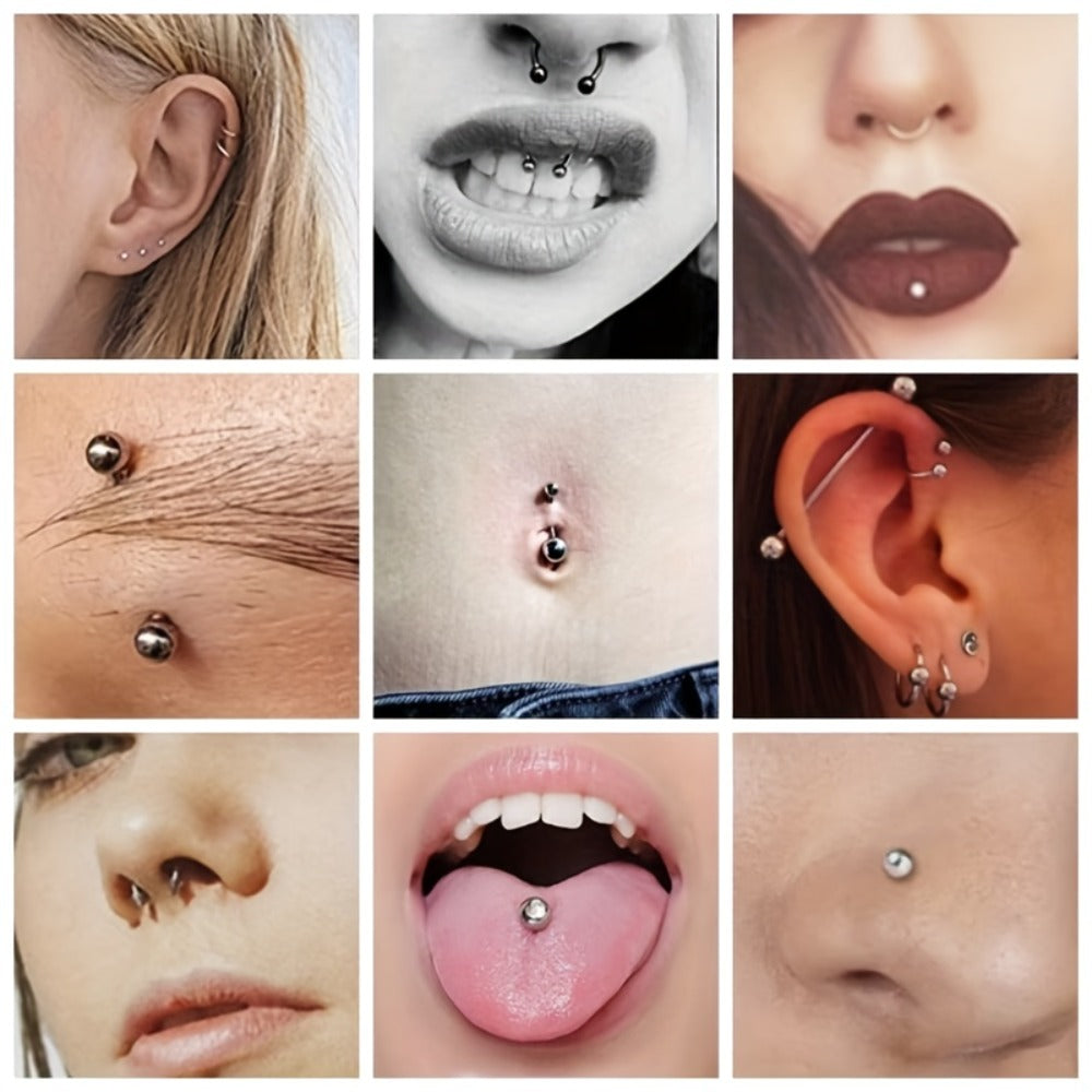 Body Piercing Kit 98pcs Stainless Steel - Bulk Piercing Set with Clamps, Needles, Lip Rings, Tongue Barbells, Eyebrow Jewelry & Glitter Tongue Set, Professional Body Jewelry Piercing Supplies