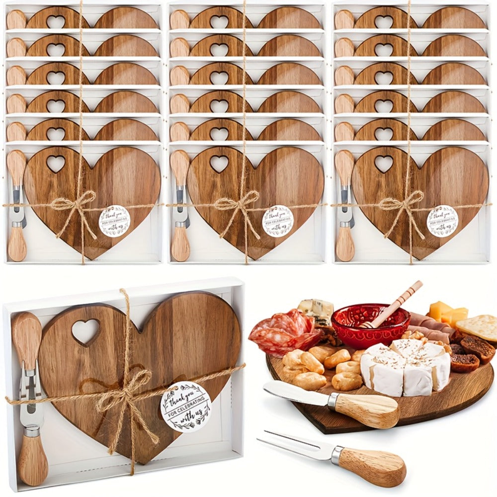 Mini Heart Charcuterie Board Set 6/12 Pack ¨C Wood Cheese Board with Knives Bridal Shower Favor Thank You Gift Box for Wedding Birthday Valentine Christmas Party Guest Bamboo Acacia