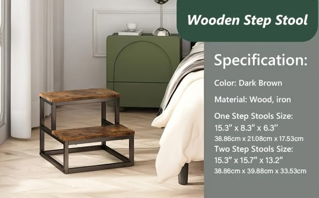2-Step Wooden Step Stool Heavy Duty for Adults ¨C Solid Wood Two Tier Stepping Stool, Multifunctional Bedside Step Ladder, Portable Non-Slip Foot Stool for Bathroom, Bedroom, Kitchen, Office ¨C Easy to Carry, Durable Build