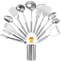 Stainless Steel Kitchen Utensils Set 12 Piece with Holder ¨C Heat Resistant Cooking Utensils, Spatula, Ladle, Tongs, Whisk, Skimmer, Potato Masher, Slotted Spoon