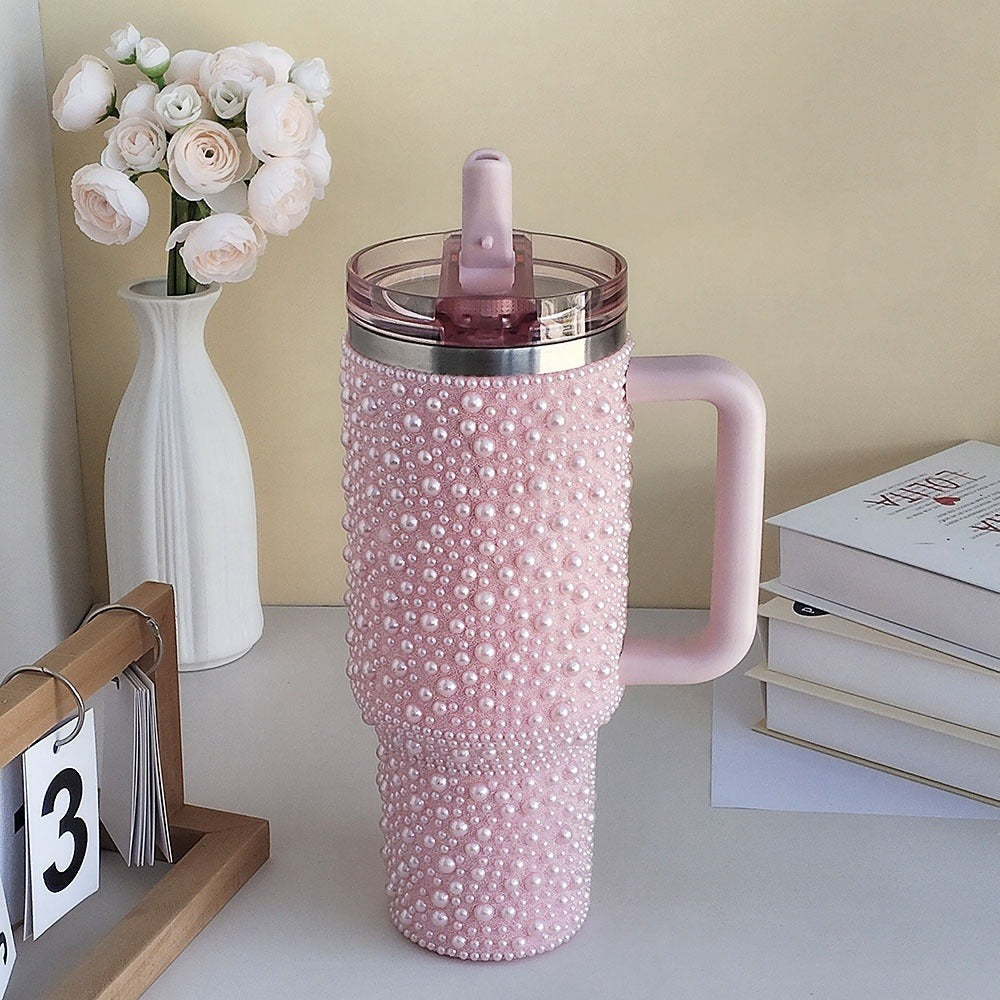 40oz Rhinestone Tumbler with Handle and Straw ¨C Stainless Steel Double Wall Insulated Cup | Pearl Glitter Travel Mug for Sublimation Outdoor Sports Camping Holiday Gift