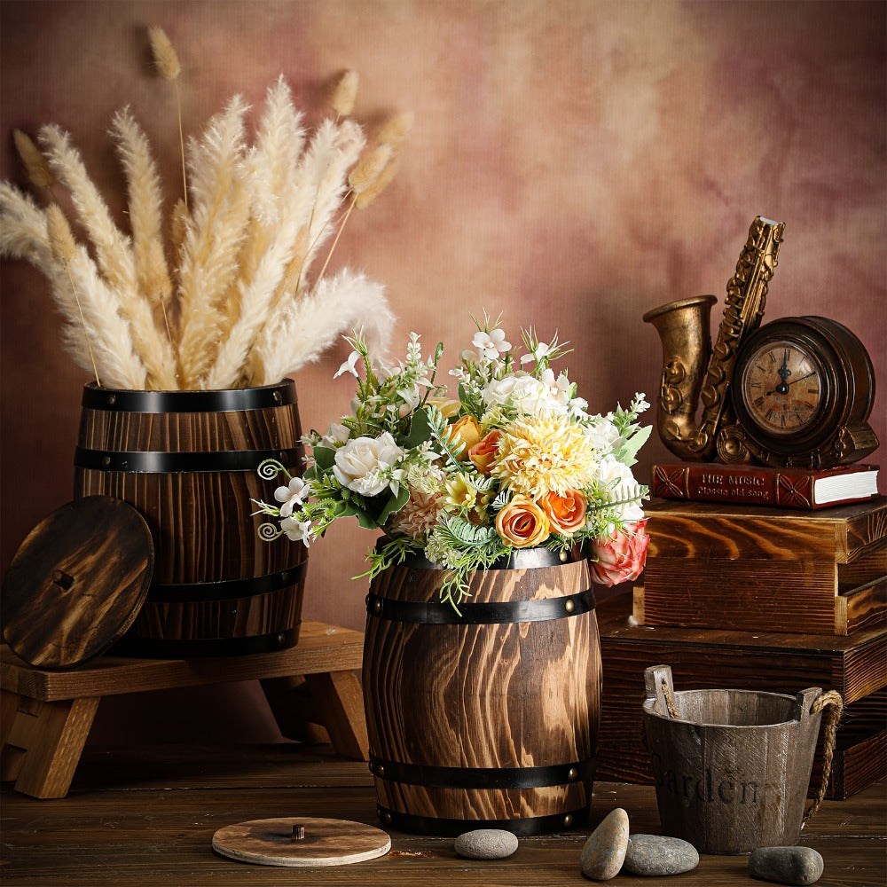 Wooden Barrel Vases Set of 2 for Rustic Wedding Centerpieces & Vintage Floral Arrangements - 8x6.5 Inch Wood Barrel Flower Vase for Farmhouse Table Decor, Indoor Outdoor Garden & Home Decoration