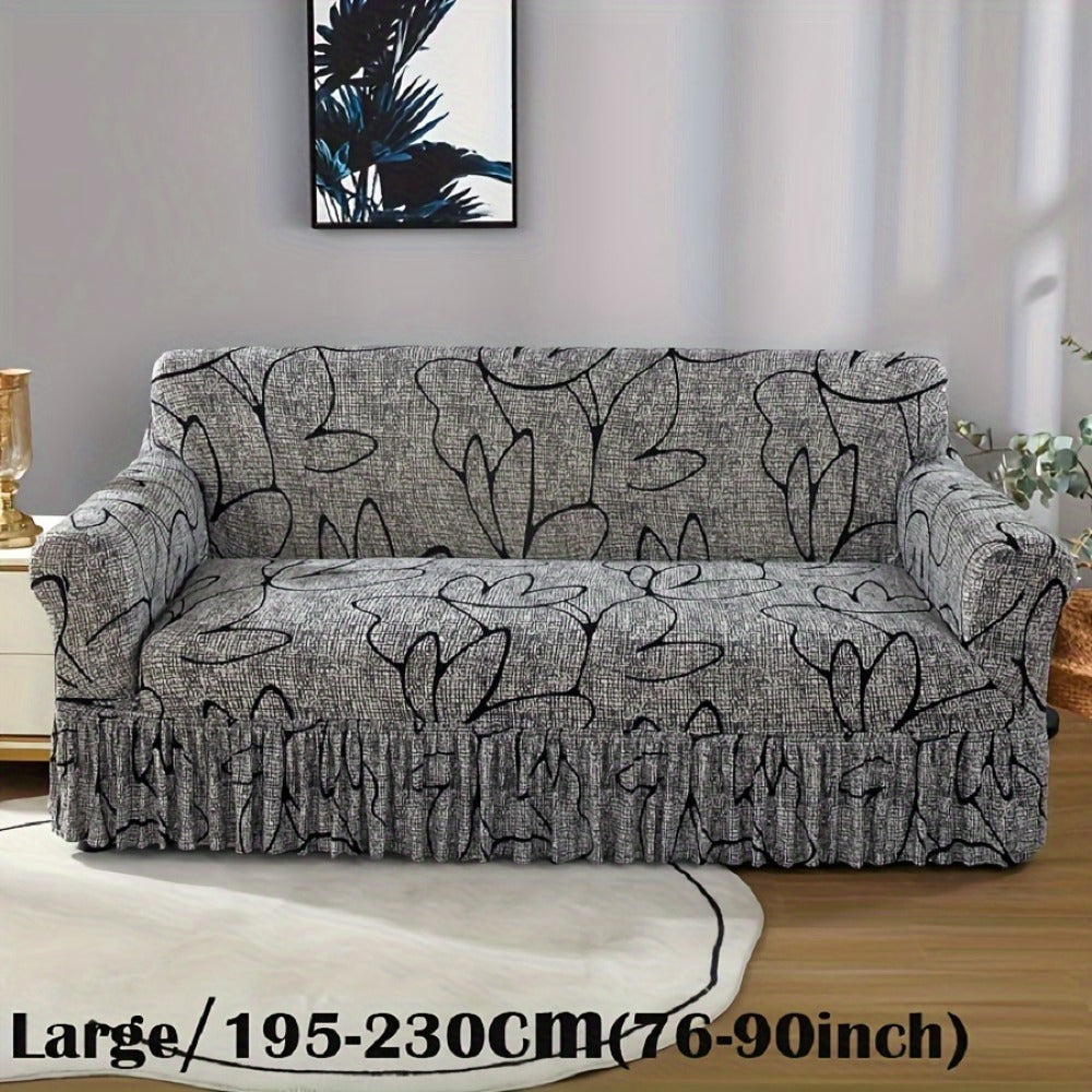 Printed Sofa Cover with Skirt Elastic Four Seasons Universal Furniture Protective Slipcover for Bedroom Office Living Room - 1 2 3 4 Seater Gray
