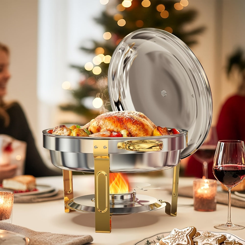 Chafing Dish Buffet Set Stainless Steel Food Warmer 6QT Round Chafer for Catering Events Parties Weddings Banquets, Silver & Gold, 1/2/4/6 Pack Options