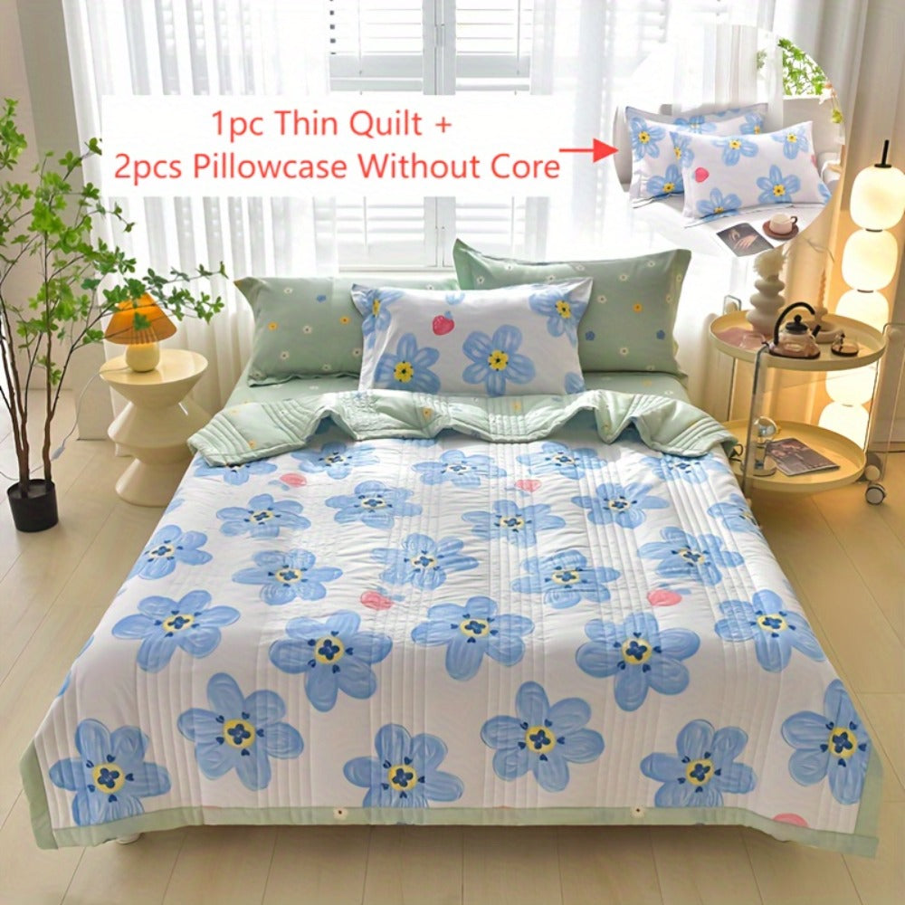 Quilt Set 3 Piece Summer Cooling ¨C Floral Printed Thin Comforter with 2 Pillowcases, Soft Skin-Friendly Bedding for Twin Full Queen King, All Season Lightweight Blanket for Bedroom Hotel Guest Room