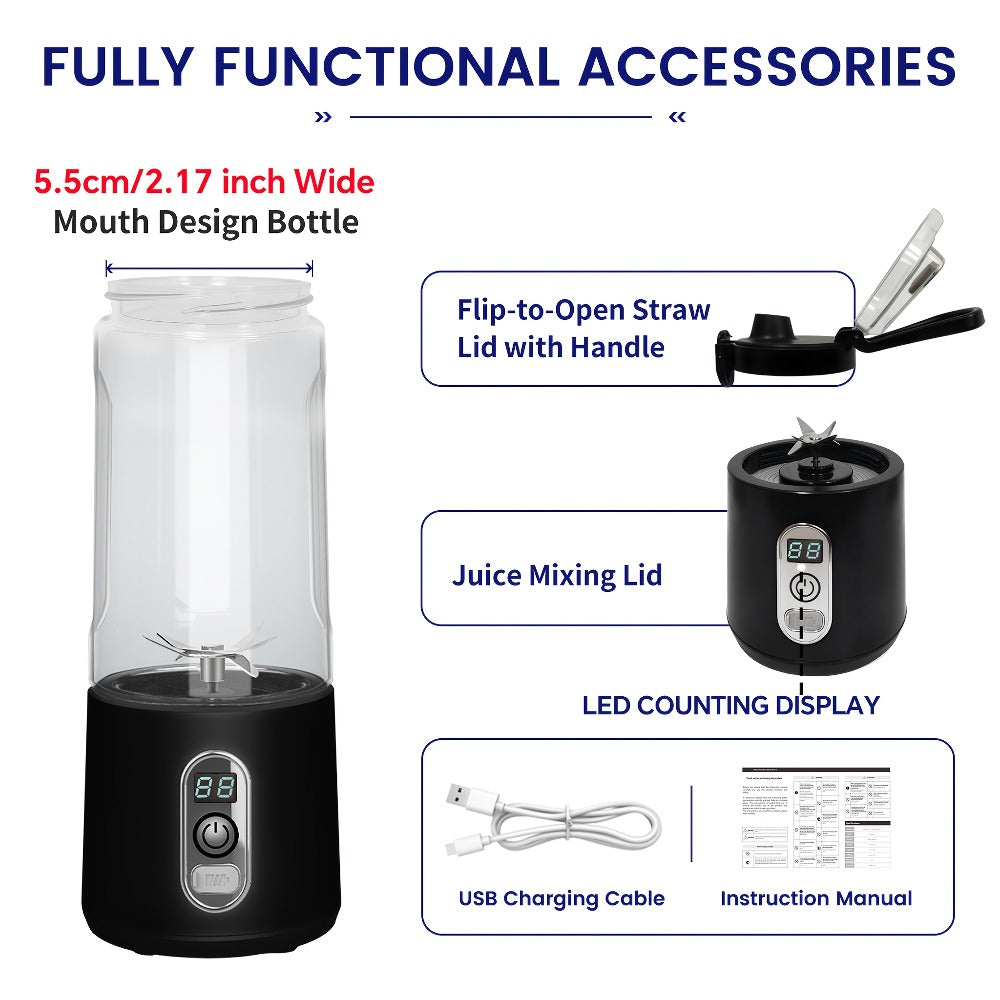 Portable Smoothie Blender USB-C Fast Charge 6-Blade Stainless Steel ¨C Digital Timer Battery Display High-Speed Ice Crush No-Spill Lid | Protein Shake Gym Travel Blender in Black Pink White