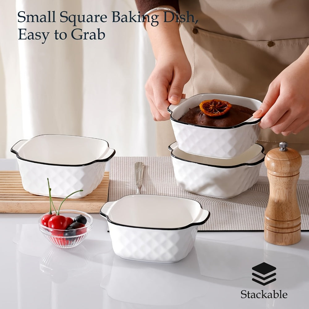 Ceramic Baking Dish Set 4-Piece, 13oz Small Square Ceramic Casserole Dishes with Handles, Diamond Design Oven & Microwave Safe Bakeware, 5.7x4.5x2.2 Inch Air Fryer Ceramic Dishes for Individual Servings