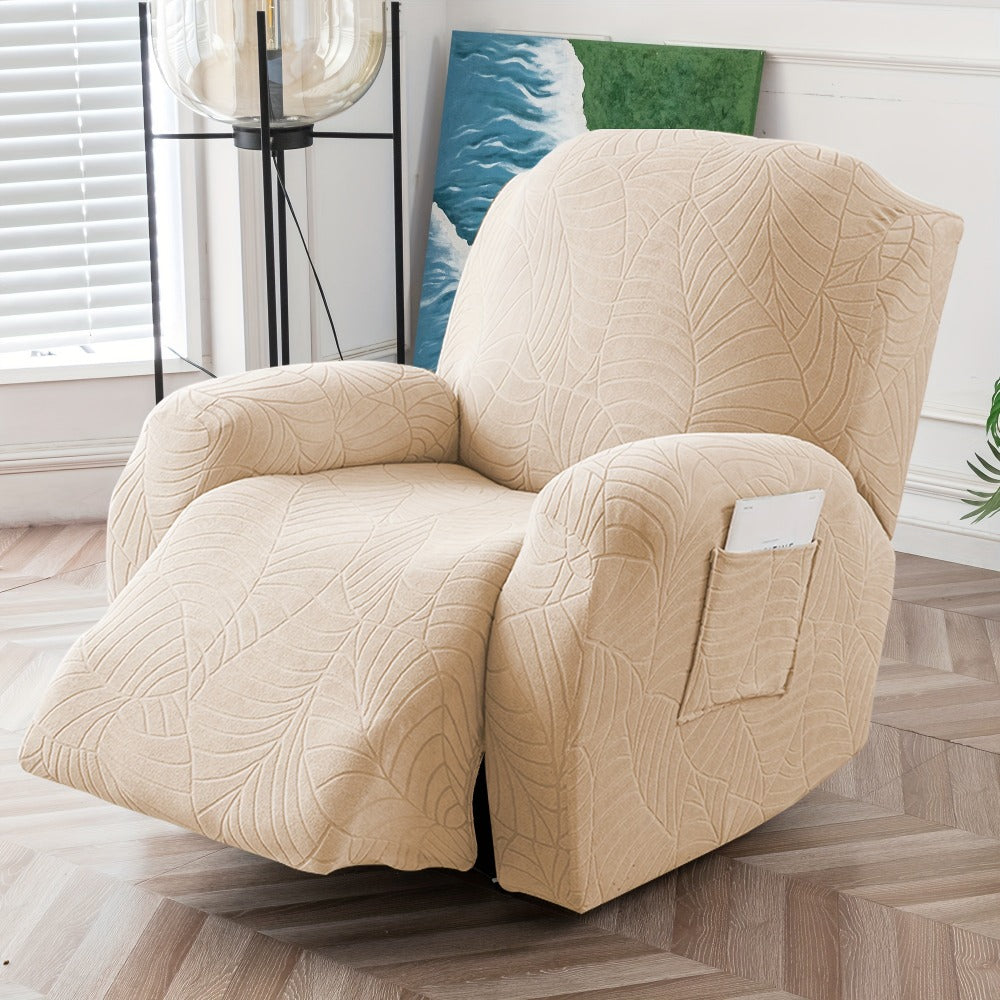 Recliner Chair Cover Slipcover 4-Piece Set ¨C Leaf Jacquard Stretch Furniture Protector with Storage Pocket, Non-Slip Recliner Sofa Cover for Living Room, Machine Washable, 6 Colors Available