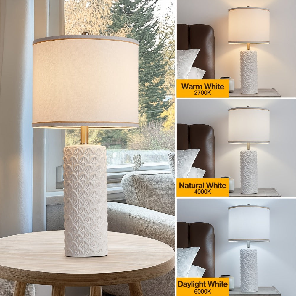 Ceramic Table Lamp ¨C Modern Farmhouse Bedside Lamp with Drum Shade, 3 Color Temperature, Knob Switch, 9W LED Bulb Included, Rustic Nightstand Desk Light for Bedroom Living Room Office Dorm (Multiple Colors)