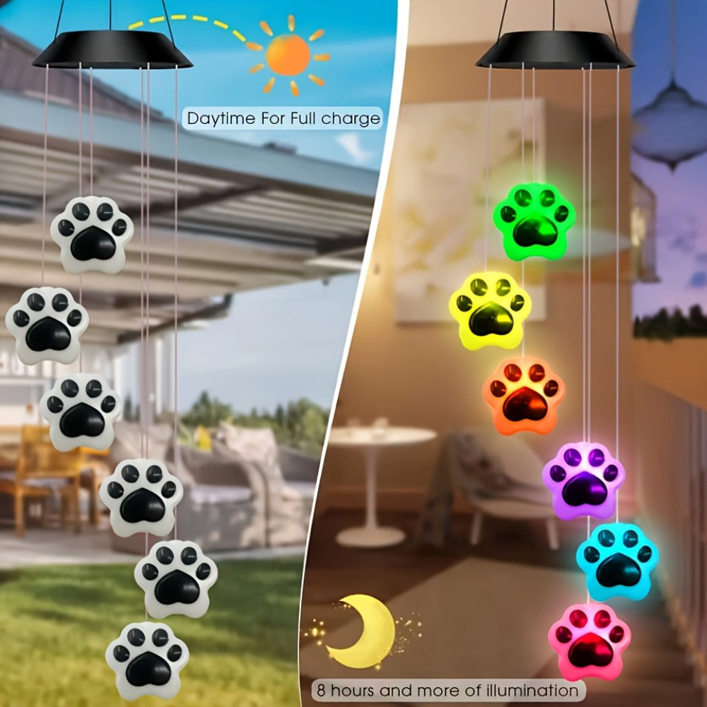 Solar Wind Chime Light Paw Print RGB Color Changing Outdoor Garden Hanging Decoration, Dog Cat Pet Memorial Wind Chime Solar Powered for Balcony Patio Courtyard Yard Holiday Gift for Pet Lovers