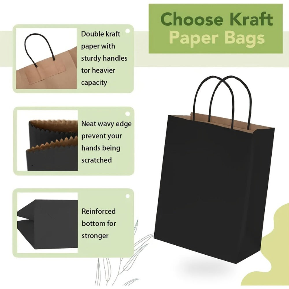 Paper Bags with Handles Bulk - Kraft Paper Gift Bags 25/75/100/300 Pcs, Black White Brown Reusable Shopping Bags for Small Business Retail, Birthday Party, Graduation, Easter Gift Wrapping Packaging
