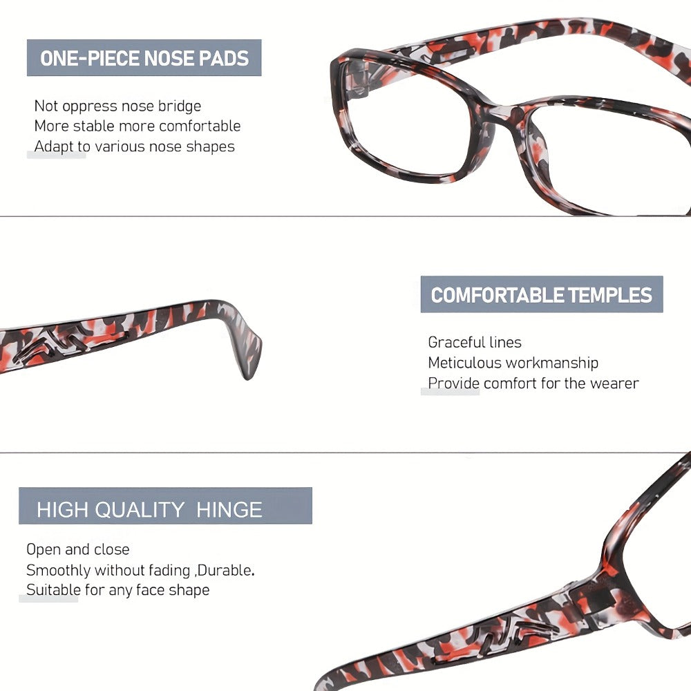 Reading Glasses 5 Pairs Square Fashion Printed Multicolor Frames Men Women 1.0X-4.0X Magnification High Definition Lenses Daily Office Use