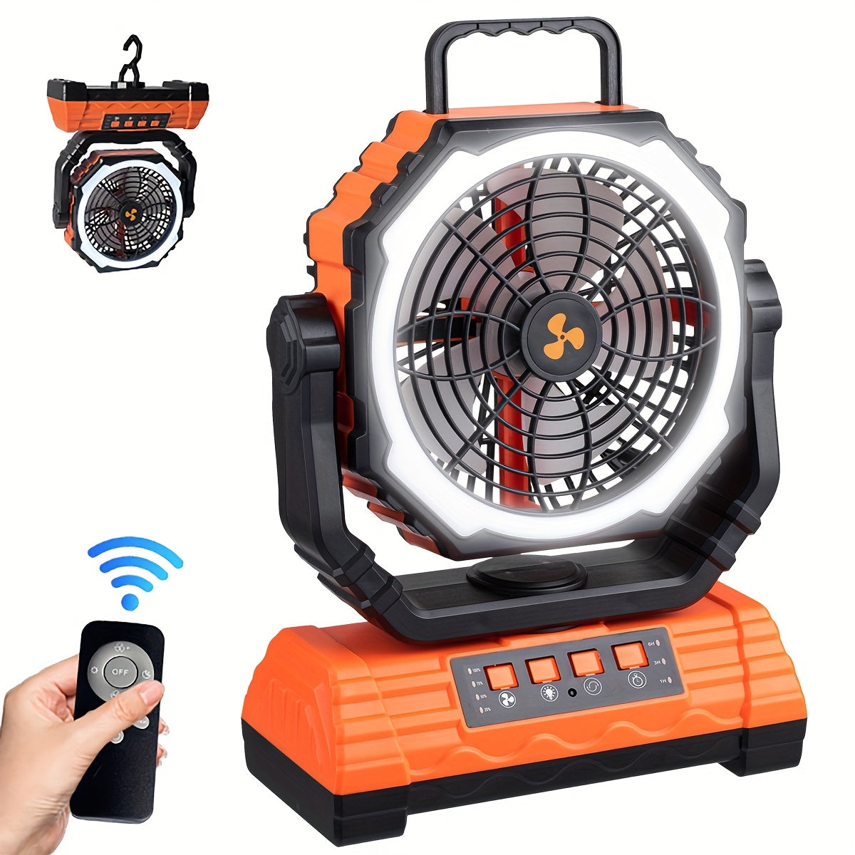 Portable Camping Fan with Dual Motors LED Light & Remote Control, Solar Powered Outdoor Fan with Hook for Tent Work Site Power Outage, Camping Accessories