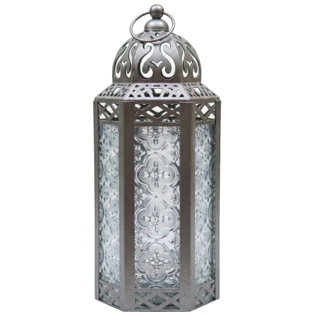 Moroccan Candle Lantern Holder - Decorative Metal & Glass Lantern with Embossed Floral Design for Indoor Home Decor, Garden, Patio, Weddings, Ramadan, Halloween & Holiday Celebrations - 10.5¡± Tall Medium Size
