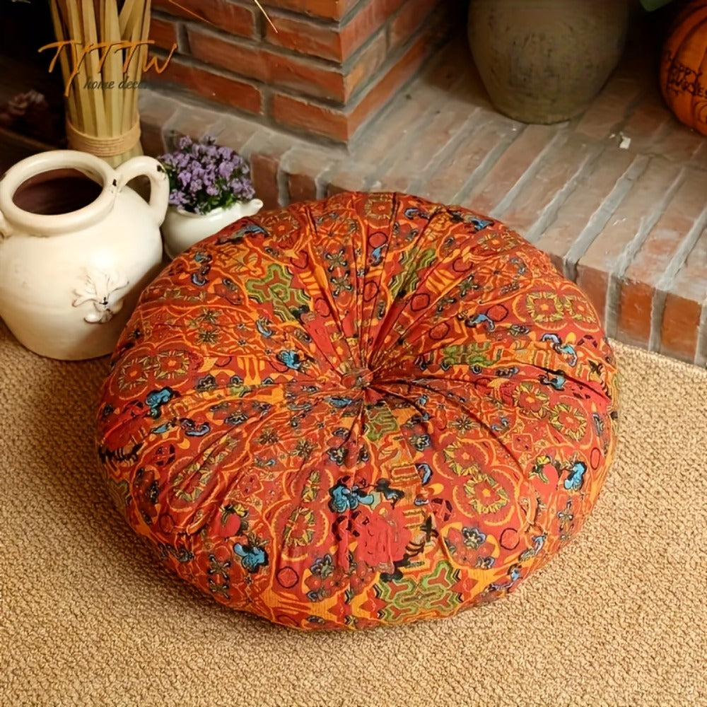 Floor Pillow Round Bohemian Thick Cushion Vintage Floral Pattern Boho Meditation Seat Pad Fade Resistant Cotton Filled Decorative Pouf for Living Room Bedroom All Seasons