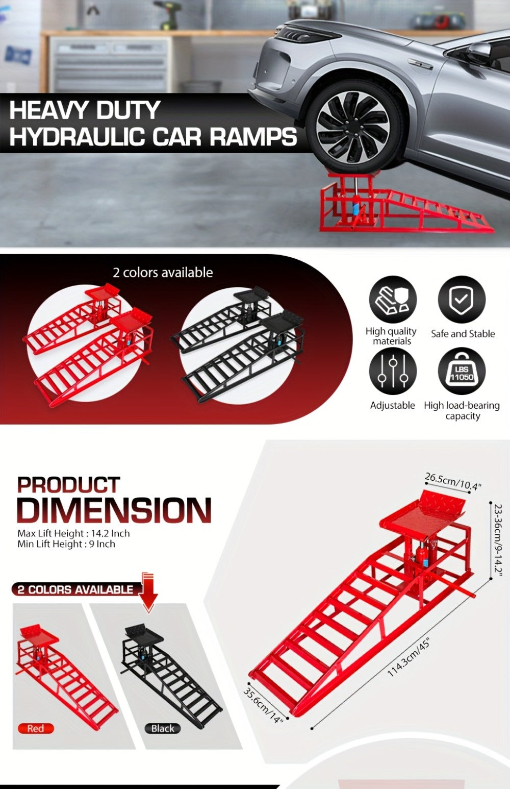 Hydraulic Car Ramps 2-Pack 5T 11050 Lbs High Lift Vehicle Wheel Ramps for Oil Change Tire Service with Supporting Crane Foot Pedal Portable DIY Auto Shop Truck SUV