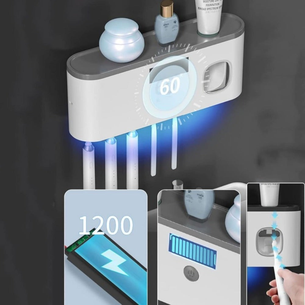 Toothbrush Holder Wall Mount with Toothpaste Dispenser Solar Rechargeable Cordless Space Saving Bathroom Organizer Toothbrush Storage for Bathroom Counter Vanity