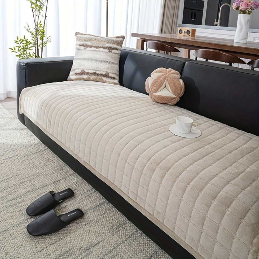 Sofa Cushion Cover Flannel Non-Slip Bohemian Style Soft Plush Couch Cover - Machine Washable Solid Color Slipcover for 2/3/4-Seater Sofa Living Room Bedroom Office, Coffee Gray White, Easy Care