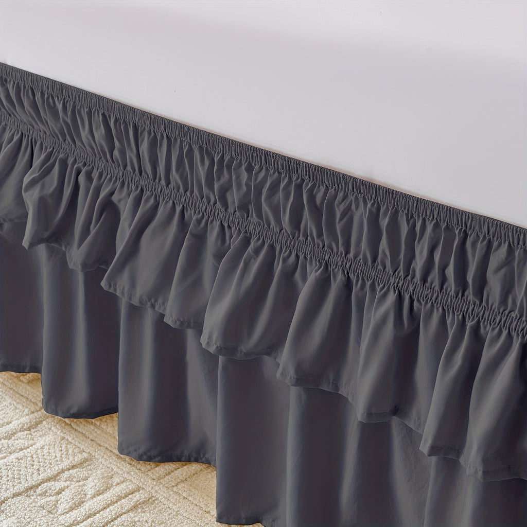 Double Ruffle Bed Skirt 16¡± Drop | Elastic Wrap Around Dust Ruffle for Twin Full Queen King Bed | Easy Install Machine Washable Soft Linen Poly Blend Bedskirt