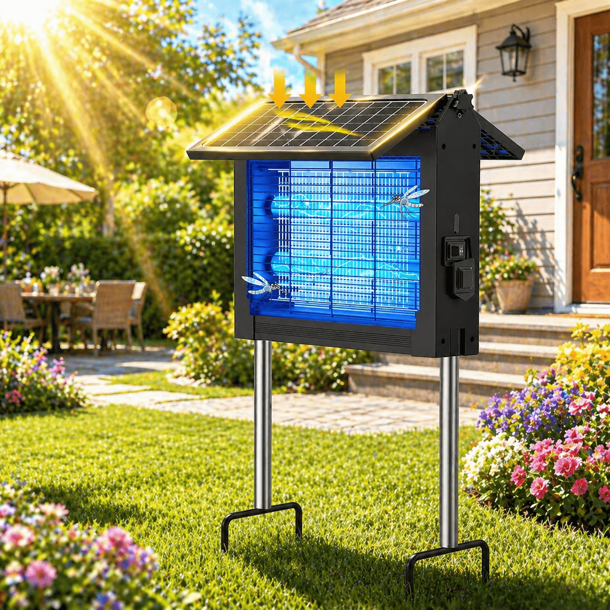 Solar Bug Zapper Outdoor ¨C 4500V Electric Mosquito Killer with Dual Solar Panels & USB Charging, Auto On/Off Light Sensor, IPX4 Waterproof Insect Trap for Patio, Backyard, Garden & Camping