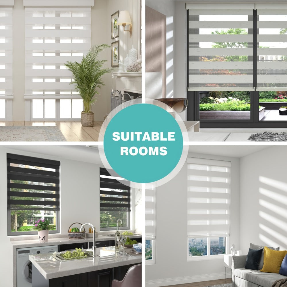 Cordless Zebra Roller Shade with Valance ¨C Day Night Window Blind, Light Filtering Dual Layer Window Treatment Mesh Opaque Fabric