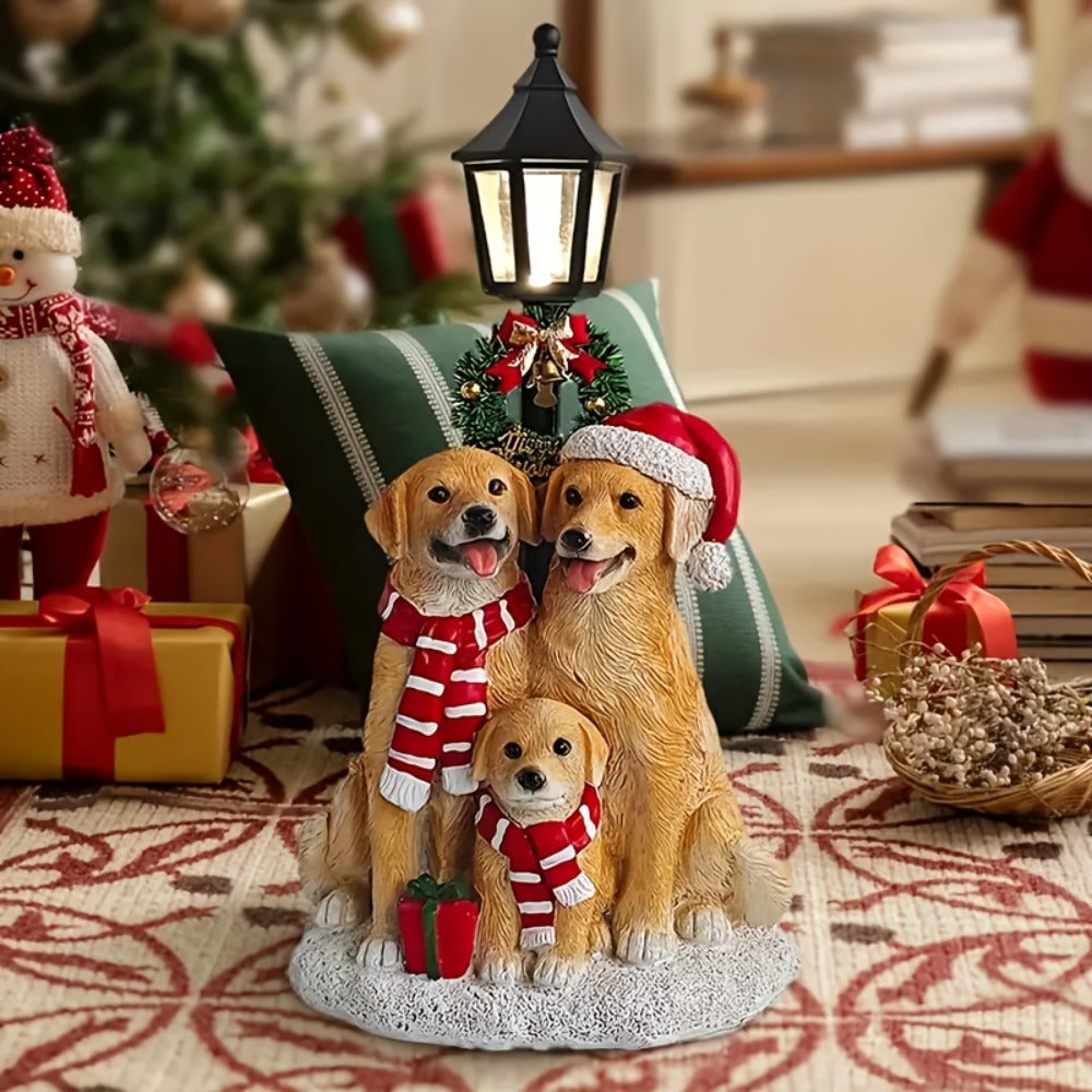 Golden Retriever Family LED Christmas Figurines - Realistic Resin Dog Statues with Santa Hats, Battery-Powered Warm Glow Holiday Decor for Mantel & Tabletop, Gift for Dog Lovers