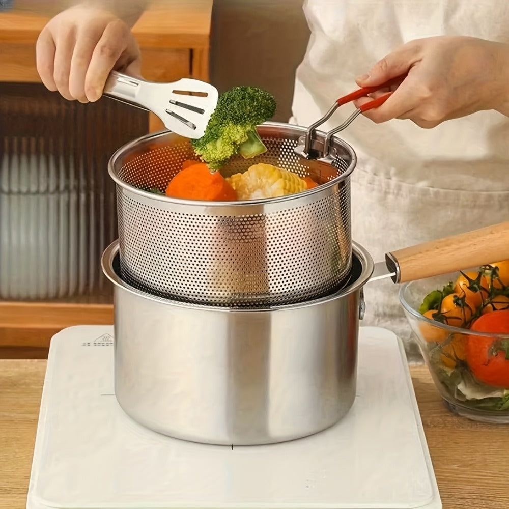 Deep Fryer Set 4 Piece Stainless Steel Multi-Purpose Cookware with Non-Stick Pot, Frying Rack, Glass Lid & Tongs - Stovetop Deep Fryer for Noodles, Frying & Boiling, Kitchen Essential Cooking Set
