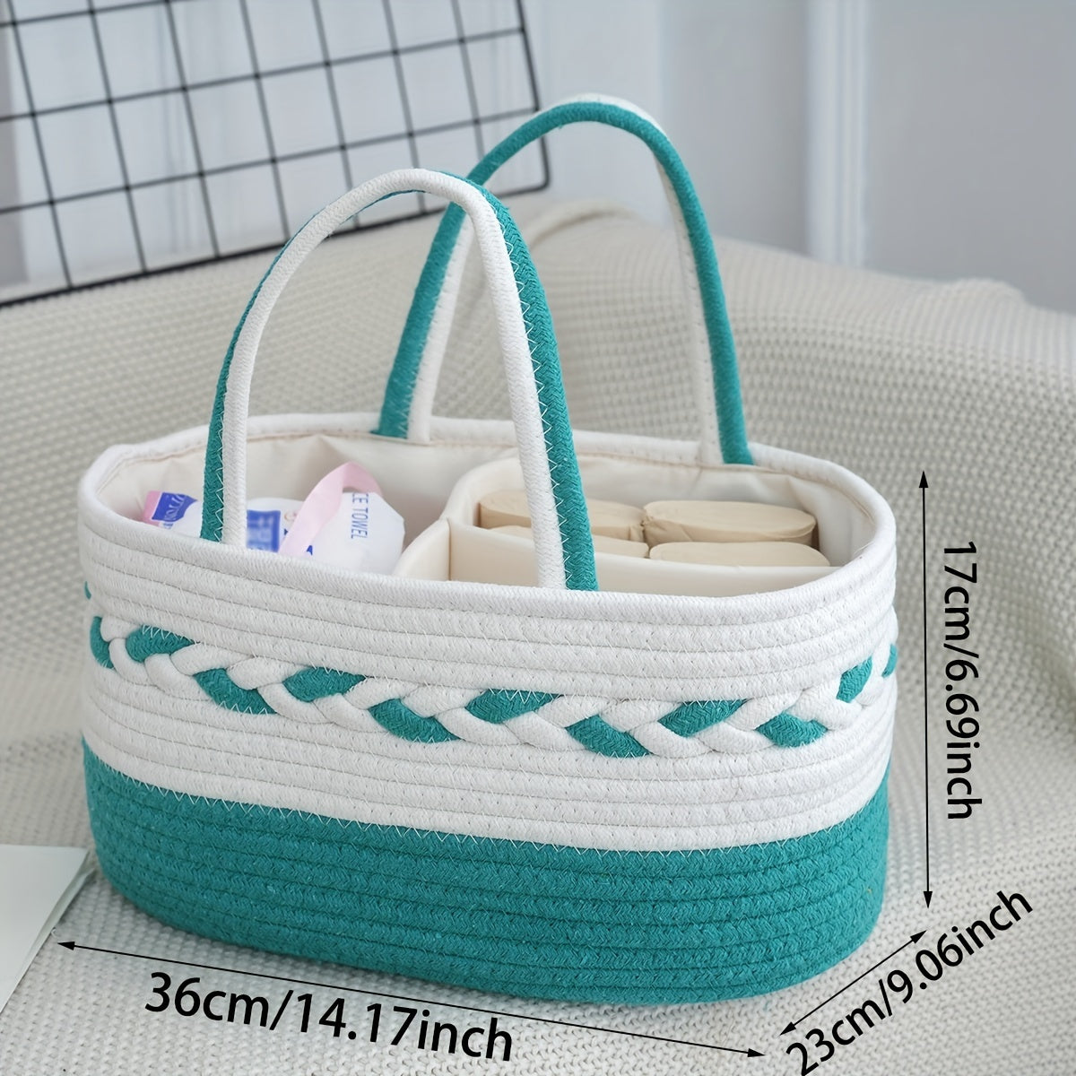 Boho Rope Storage Basket Woven Foldable Organizer 14¡± Large Capacity - Removable Lining Striped Shelf Basket with Handle for Home Bedroom Living Room Laundry Decor