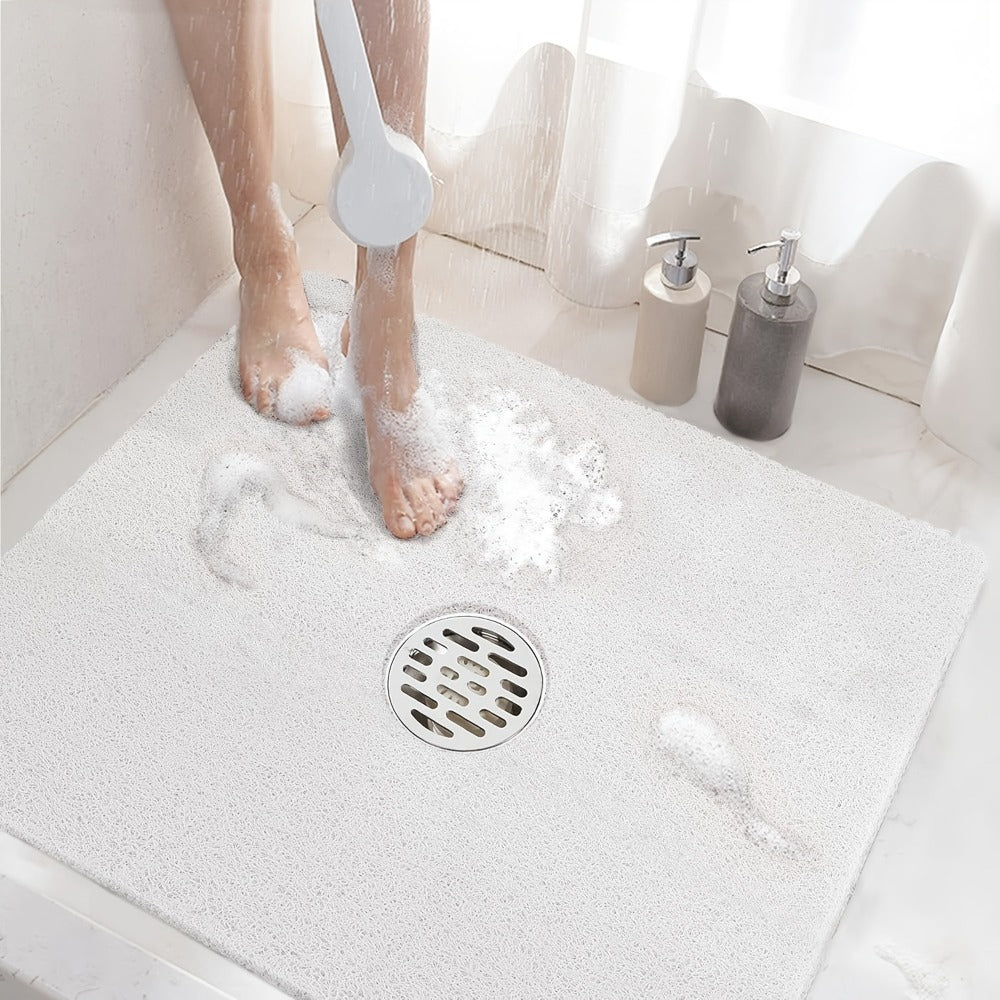 Non-Slip Shower Mat PVC Loofah Bath Mat with Drain Holes ¨C Quick-Dry Square Bathtub Floor Mat, No Suction Cups Needed, Soft Cushioned, 24x24 Inch, Grey/White/Beige