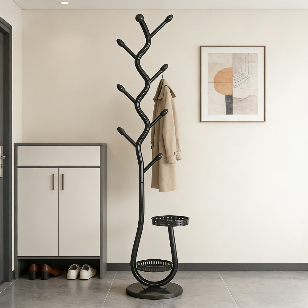 Clothes Rack Freestanding Metal with Shelf - Heavy Duty Garment Rack for Bedroom, Entryway & Closet, Vertical Coat Stand with Bottom Shelf for Coats, Hats, Scarves, Bags | White, Black, Gold