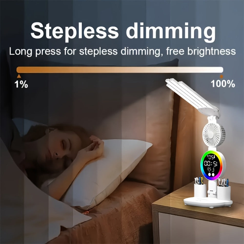 LED Desk Lamp with Built-in Fan & Touch Control | Dual Head Adjustable | USB Charging | 3 Color Modes Dimmable | Smart Display Clock | Eye-Caring Reading Lamp for Home Office Dorm Study