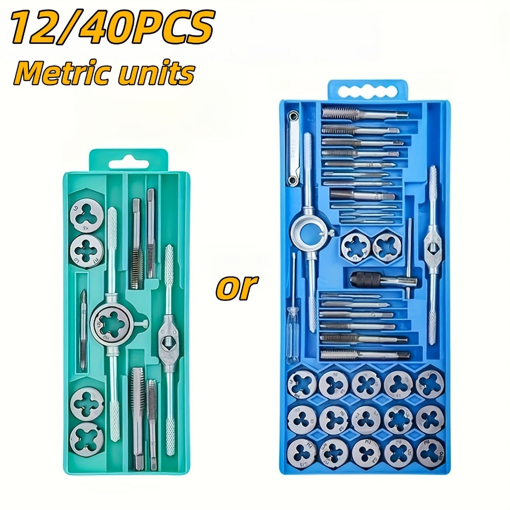 Metric Tap and Die Set 12pcs or 40pcs, M3-M12 Hand Thread Tapping Tool Kit with Plug Taps, Straight & Cone Reamers, Manual Threading Tool for DIY, Household Repair & Metalworking