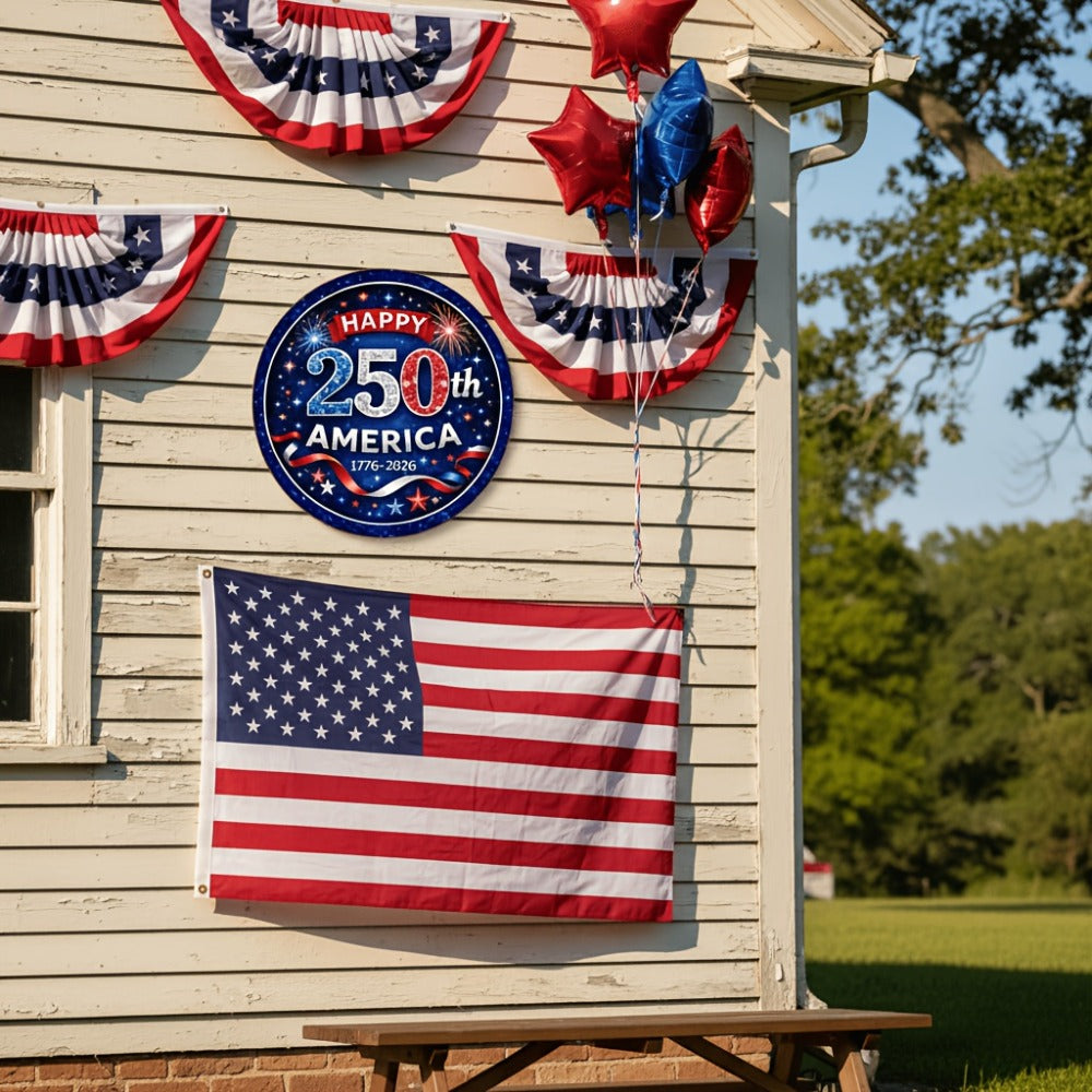 Patriotic Wooden Door Sign 250th Anniversary 1776-2026 Retro Round Wreath 4th of July Independence Day Hanging Decoration Home Porch Outdoor Wall Decor