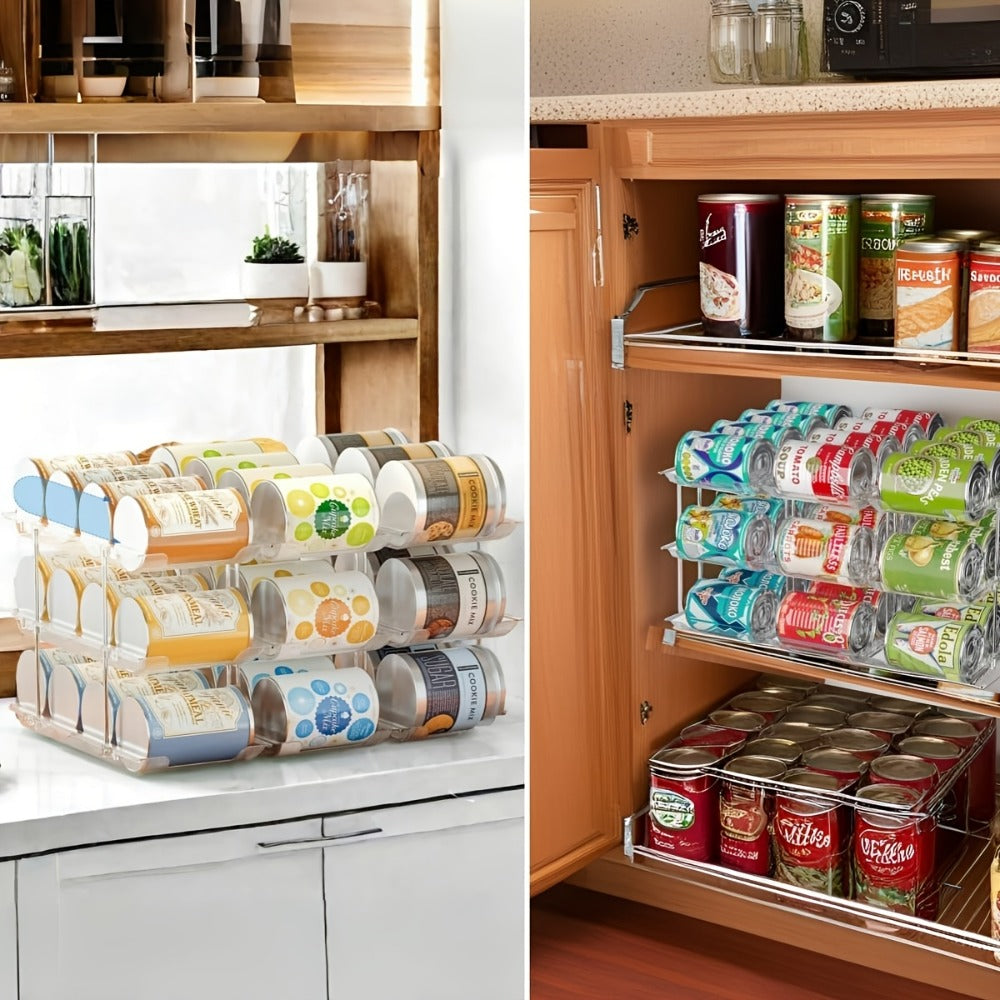 Can Storage Rack Pantry Organizer 36-Can Capacity 3-Tier Auto-Rolling Stackable | Transparent PET Canned Food Organizer for Kitchen Pantry Garage Dorm | Tool-Free Assembly for Soda Soup Vegetable Cans